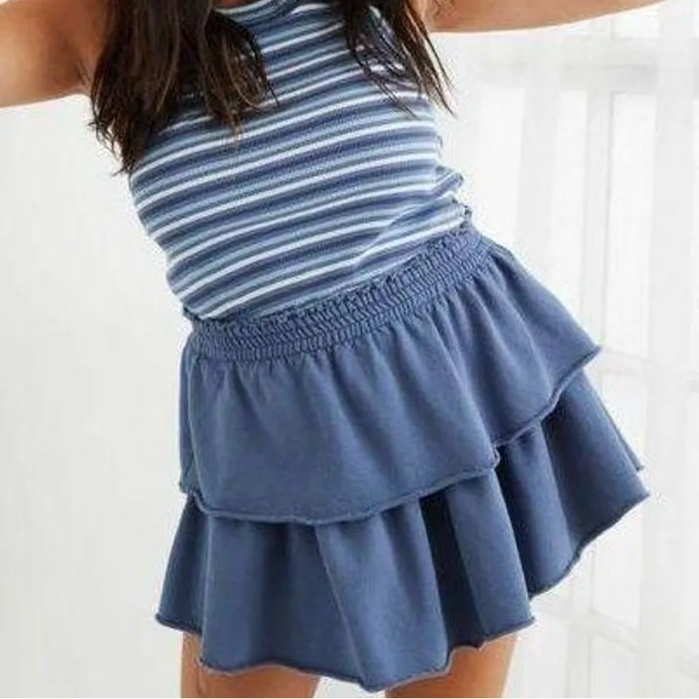 Aerie Weekend Ruffle Tiered‎ Mini Skirt Blue Terry Cloth Pull On Women's Size M